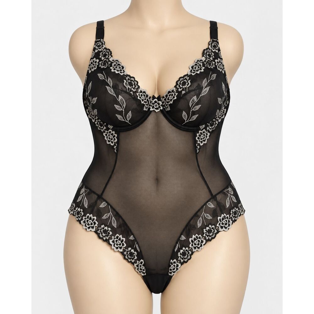 Delta Burke Lingerie Bodysuit Teddy Size 3X Black Sheer Mesh Floral Embroidered